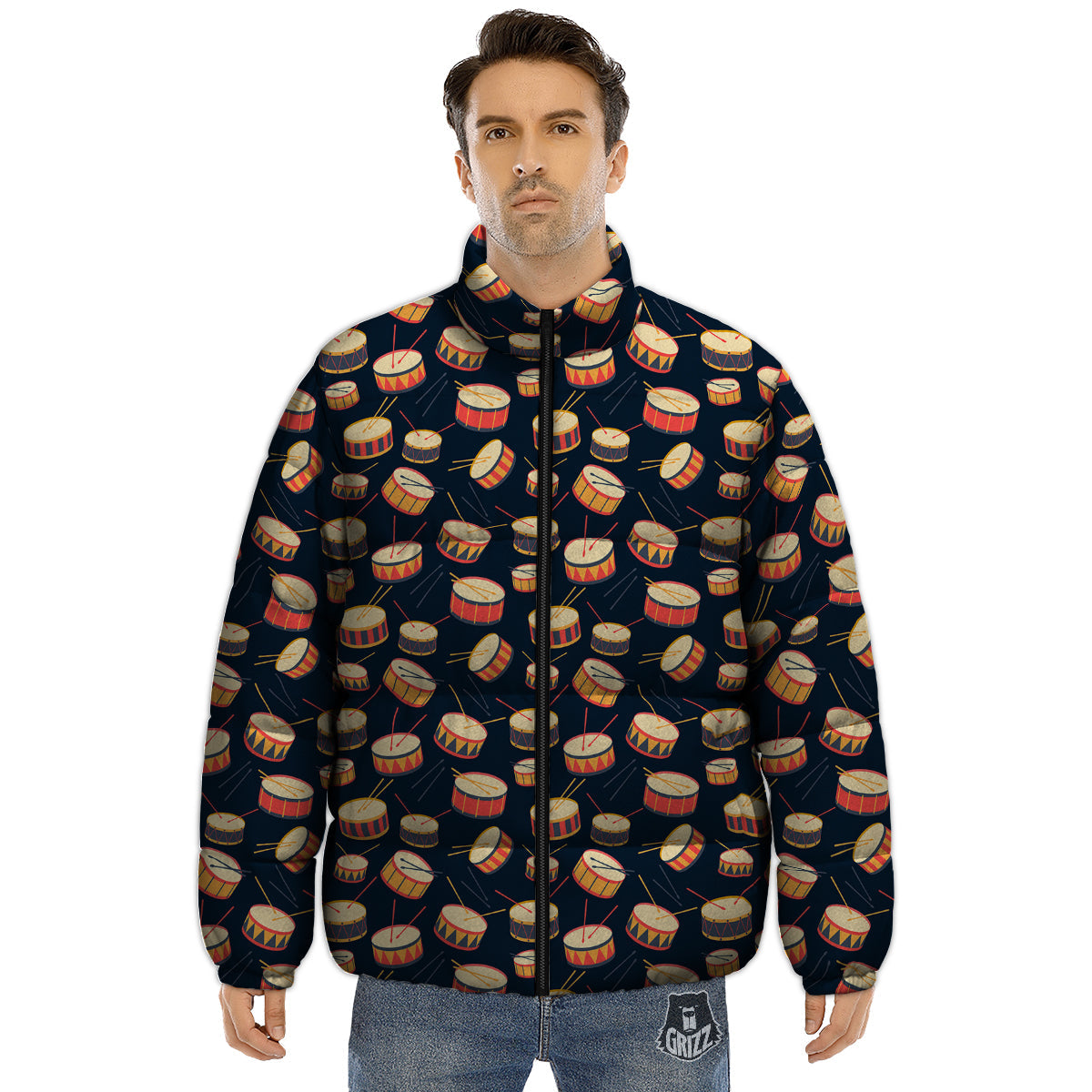 Black And Beige Drum Print Pattern Puffer Jacket-grizzshop