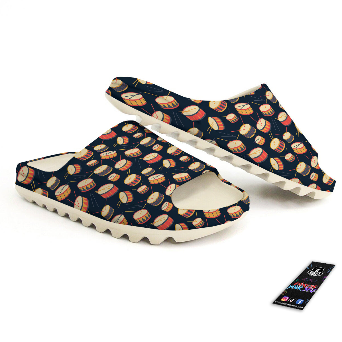 Black And Beige Drum Print Pattern Sandals-grizzshop