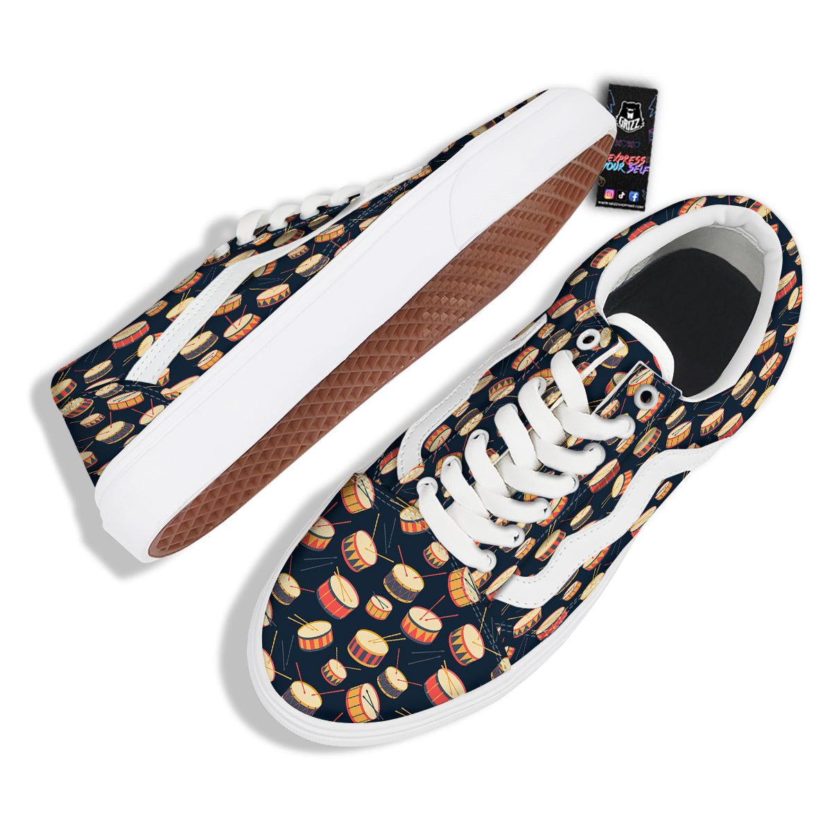 Black And Beige Drum Print Pattern Skate Shoes-grizzshop