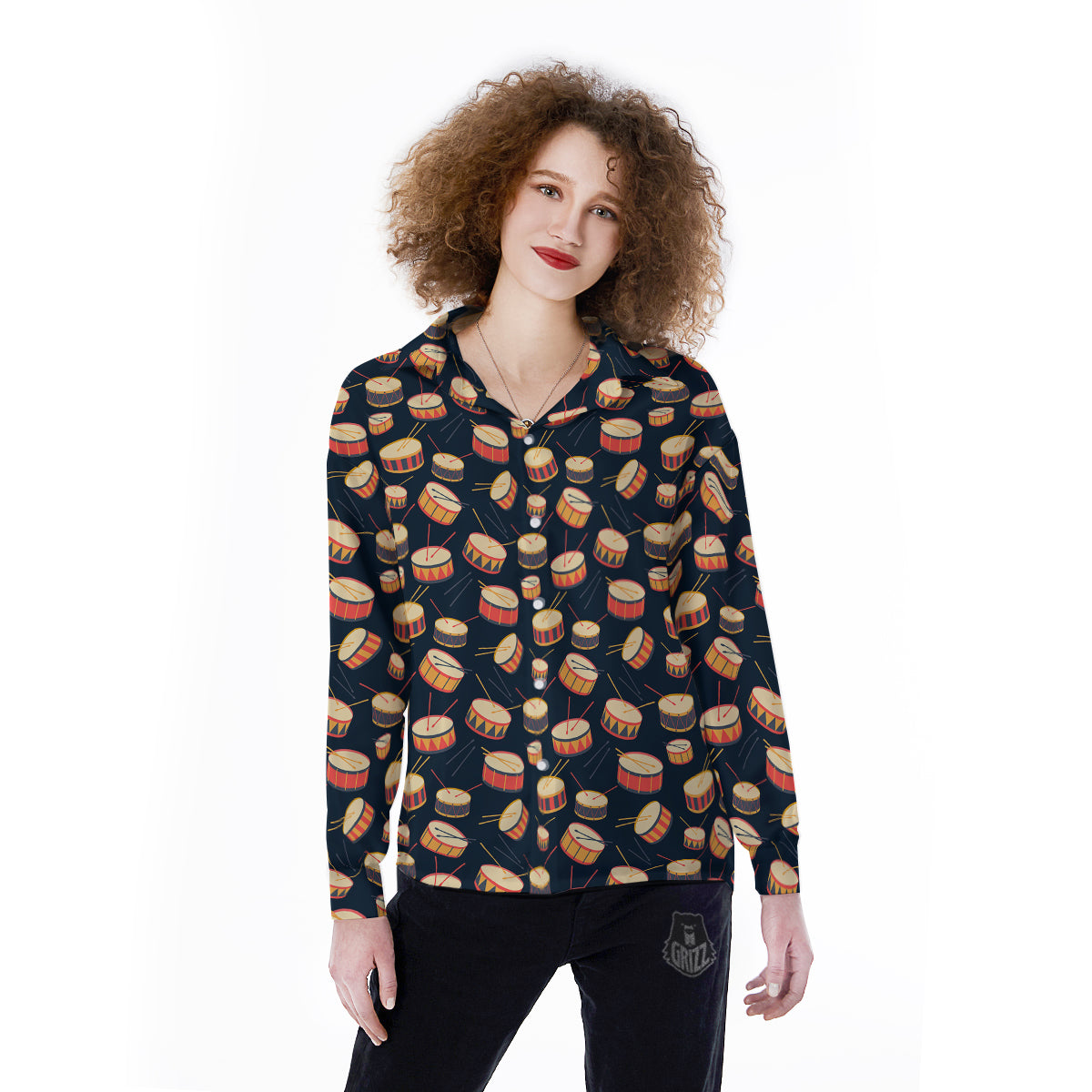 Black And Beige Drum Print Pattern Women's Long Sleeve Shirts-grizzshop