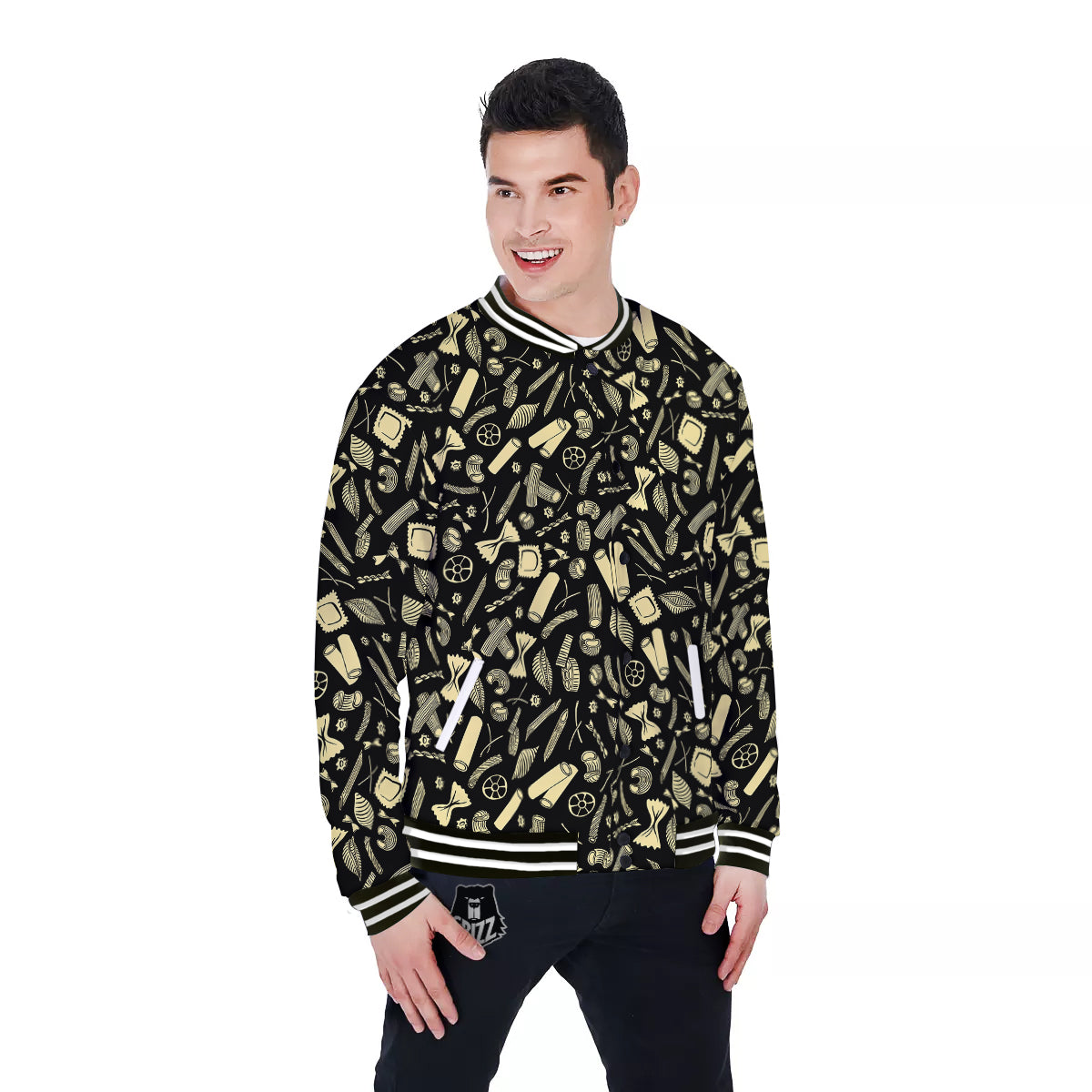 Black And Beige Macaroni Print Pattern Baseball Jacket-grizzshop