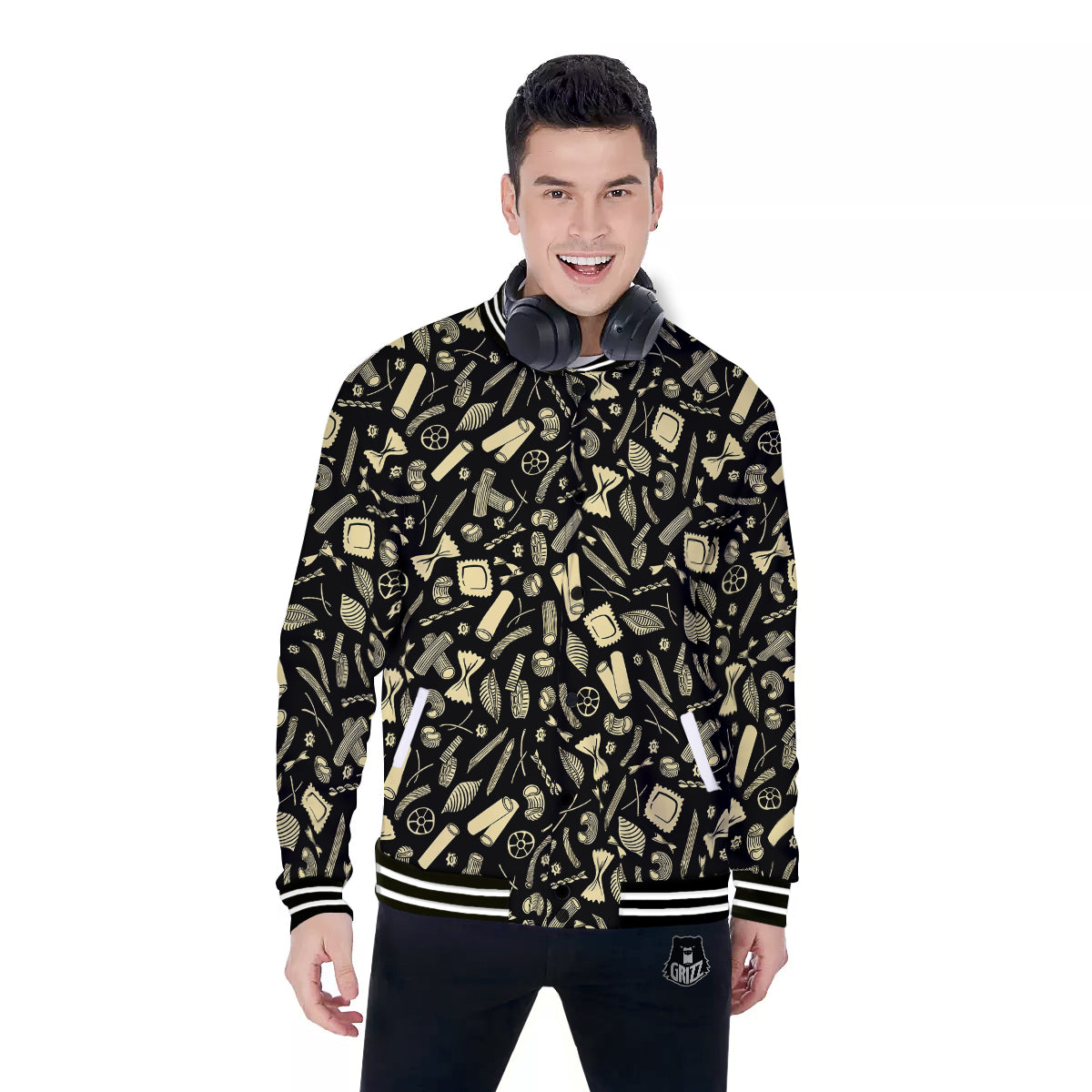 Black And Beige Macaroni Print Pattern Baseball Jacket-grizzshop