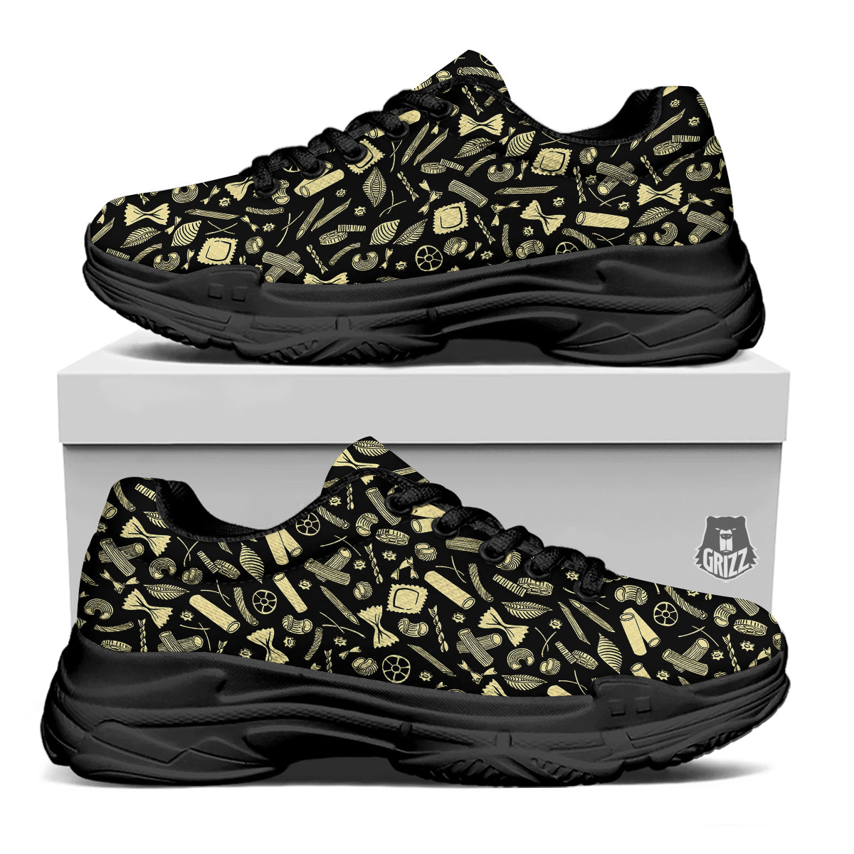 Black And Beige Macaroni Print Pattern Black Chunky Shoes-grizzshop