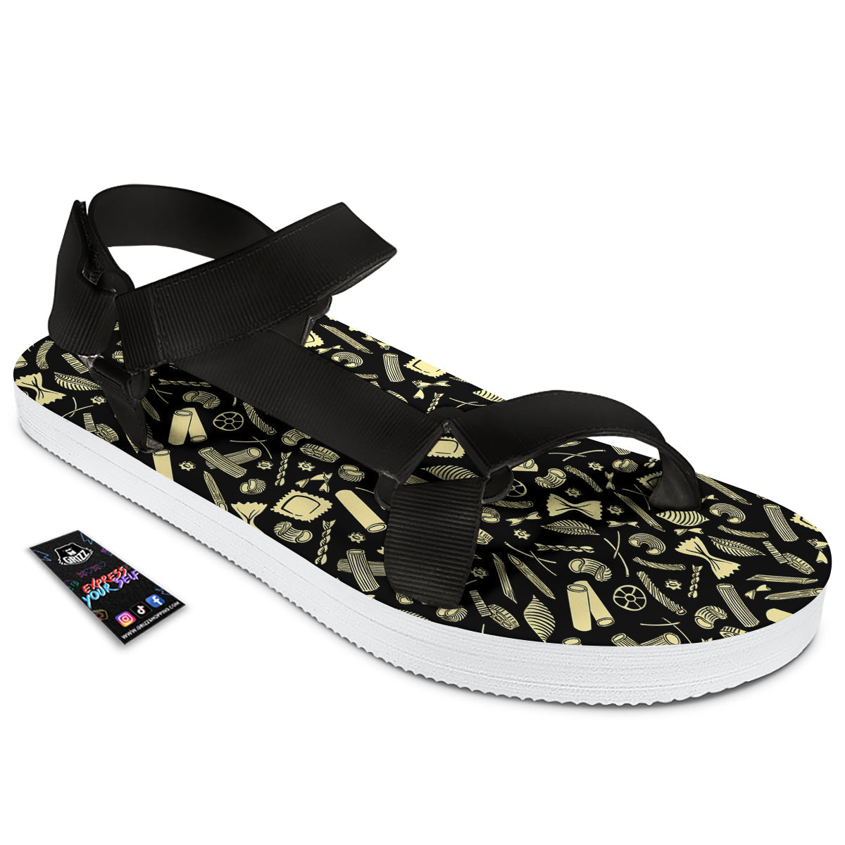 Black And Beige Macaroni Print Pattern Black Open Toe Sandals-grizzshop