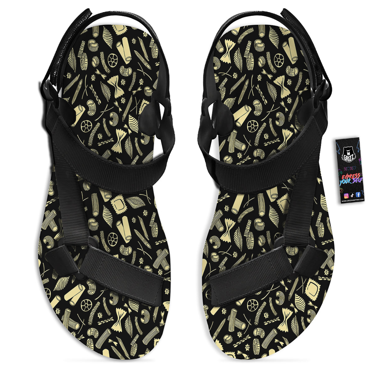 Black And Beige Macaroni Print Pattern Black Open Toe Sandals-grizzshop
