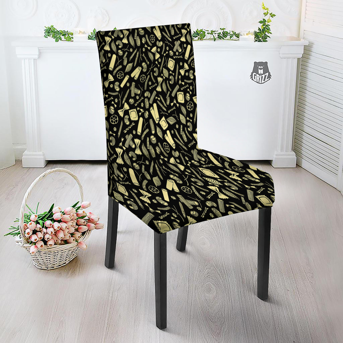 Black And Beige Macaroni Print Pattern Dining Chair Slipcover-grizzshop