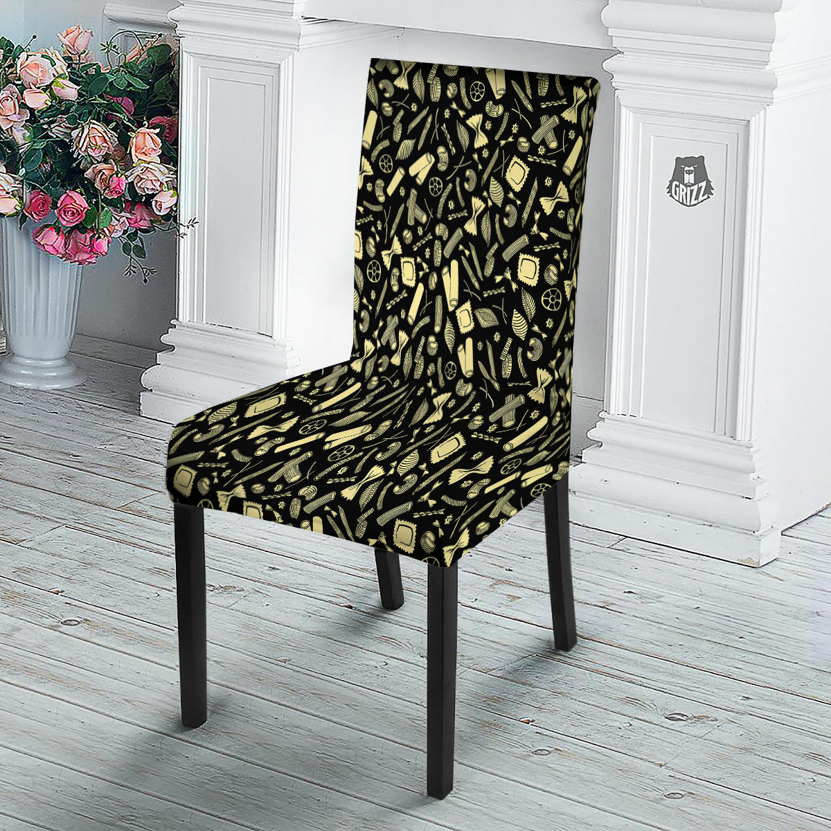 Black And Beige Macaroni Print Pattern Dining Chair Slipcover-grizzshop