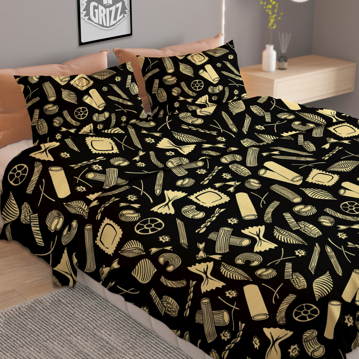 Black And Beige Macaroni Print Pattern Duvet Cover Bedding Set