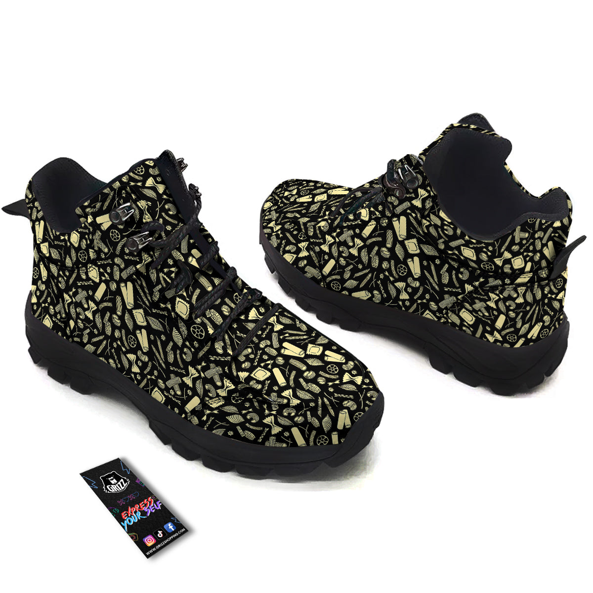 Black And Beige Macaroni Print Pattern Hiking Shoes-grizzshop