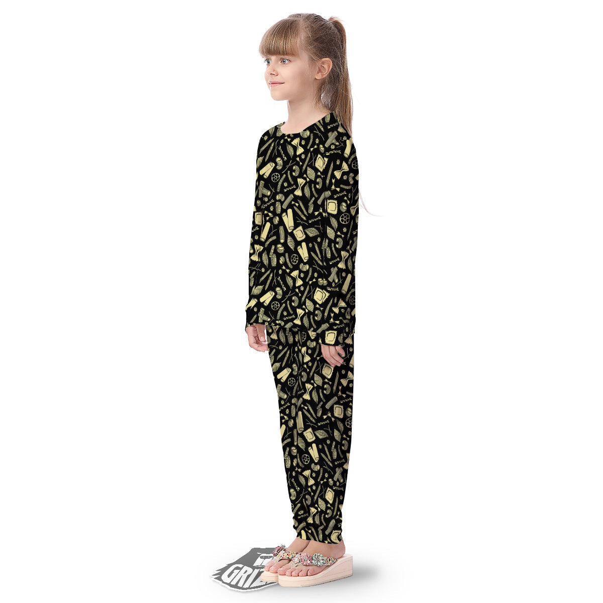Black And Beige Macaroni Print Pattern Kid's Pajamas-grizzshop