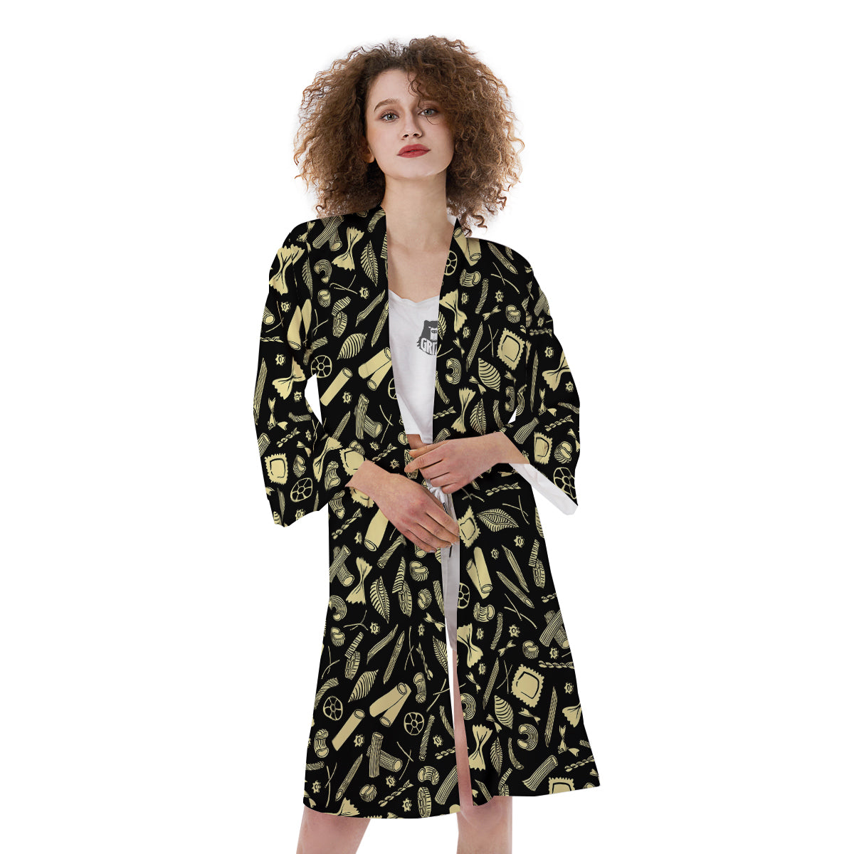 Black And Beige Macaroni Print Pattern Kimono-grizzshop