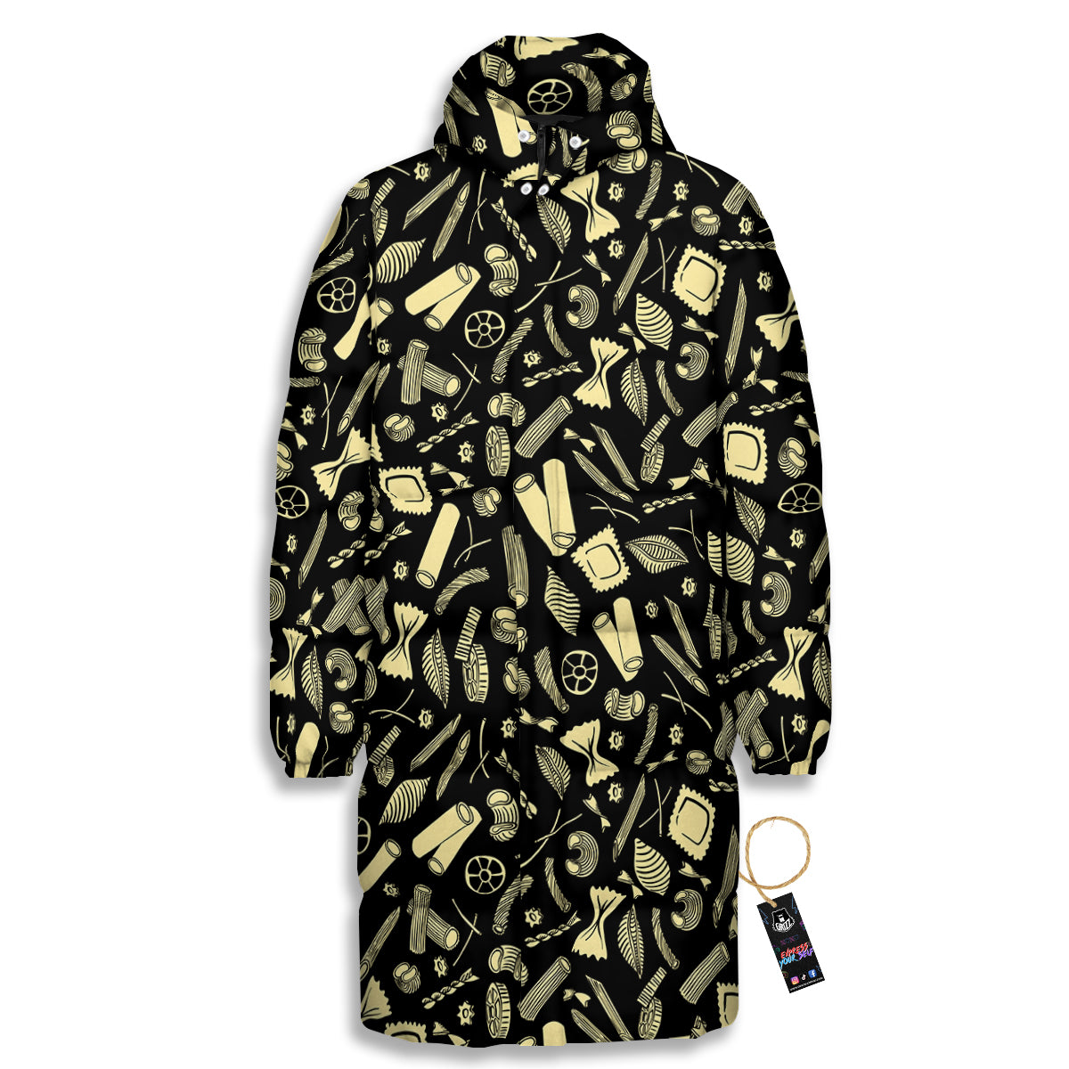 Black And Beige Macaroni Print Pattern Long Down Jacket-grizzshop
