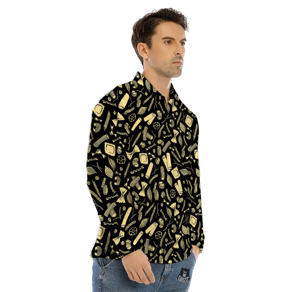 Black And Beige Macaroni Print Pattern Men's Dress Shirts-grizzshop