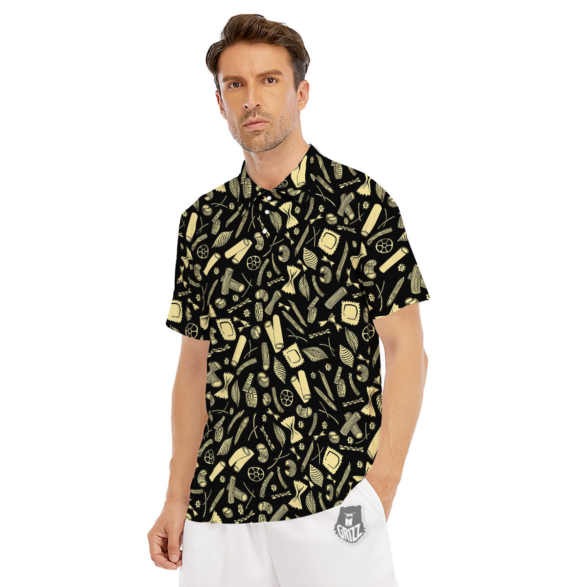 Black And Beige Macaroni Print Pattern Men's Golf Shirts-grizzshop