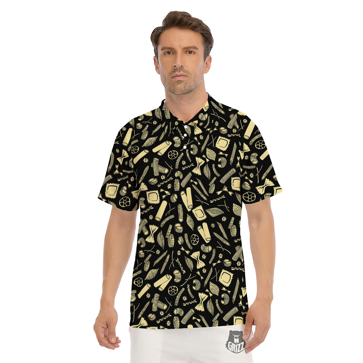 Black And Beige Macaroni Print Pattern Men's Golf Shirts-grizzshop