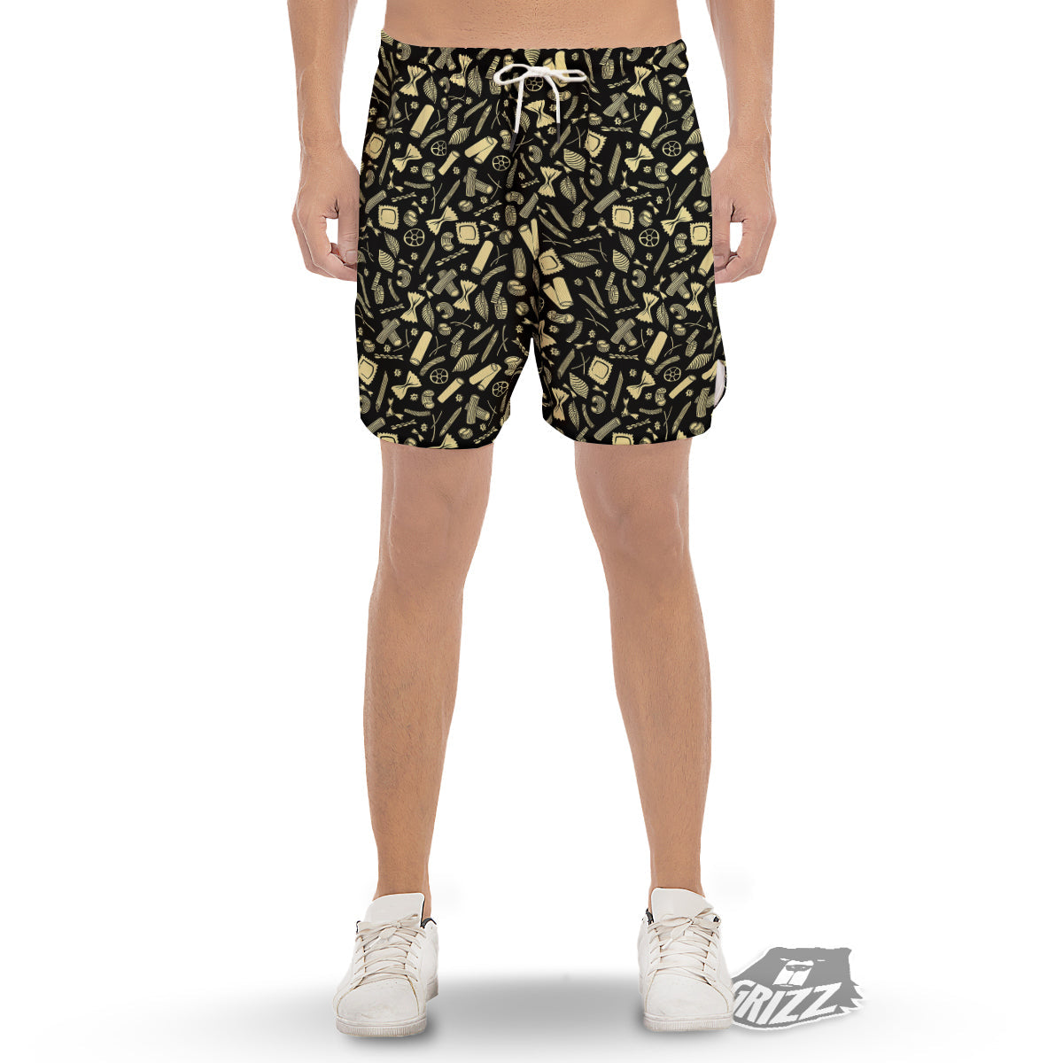 Black And Beige Macaroni Print Pattern Men's Gym Shorts-grizzshop