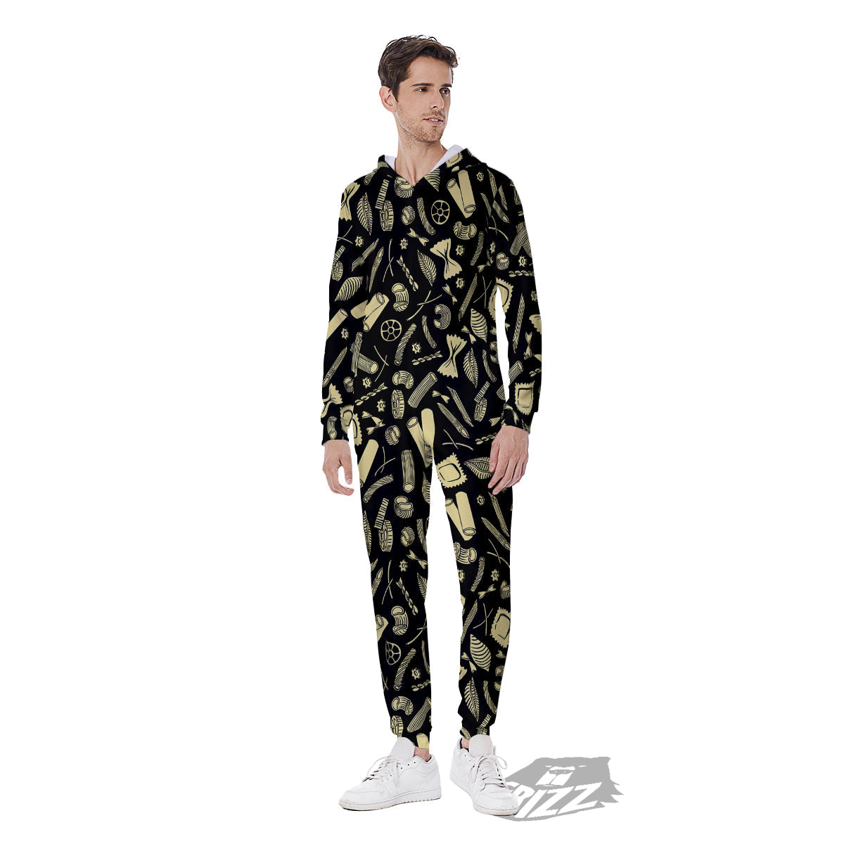 Black And Beige Macaroni Print Pattern Men's Jumpsuit-grizzshop