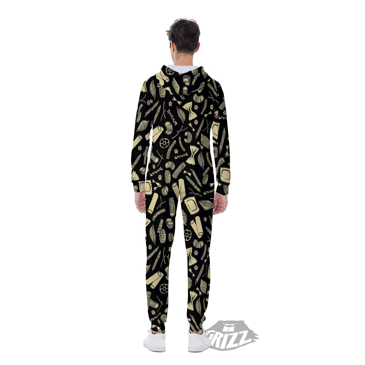 Black And Beige Macaroni Print Pattern Men's Jumpsuit-grizzshop