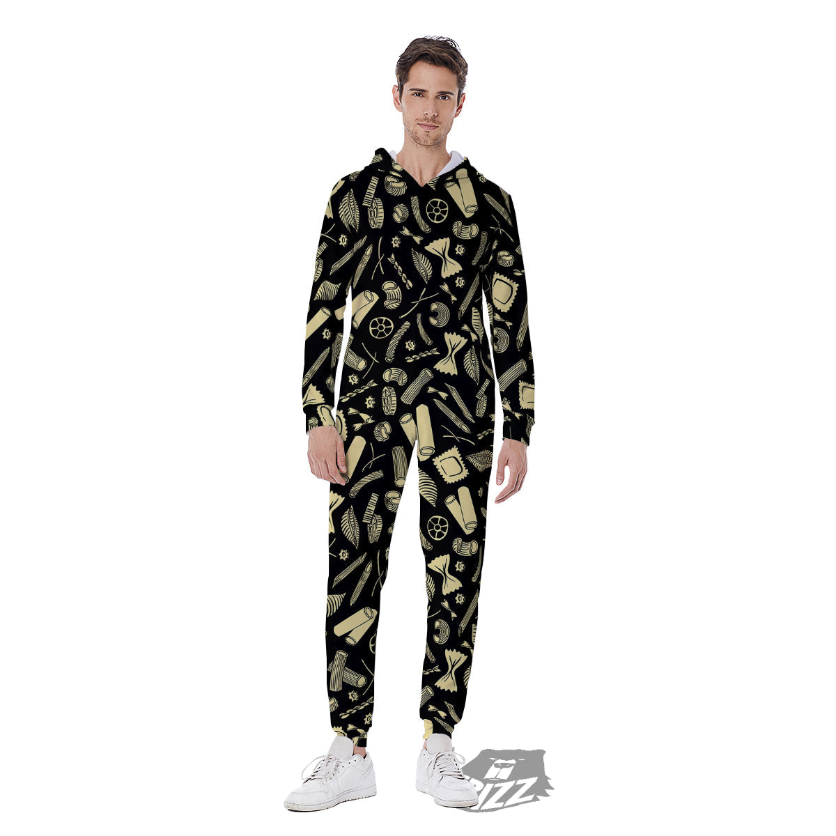 Black And Beige Macaroni Print Pattern Men's Jumpsuit-grizzshop