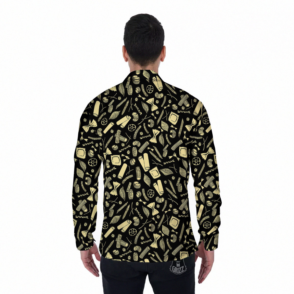 Black And Beige Macaroni Print Pattern Men's Long Sleeve Shirts-grizzshop