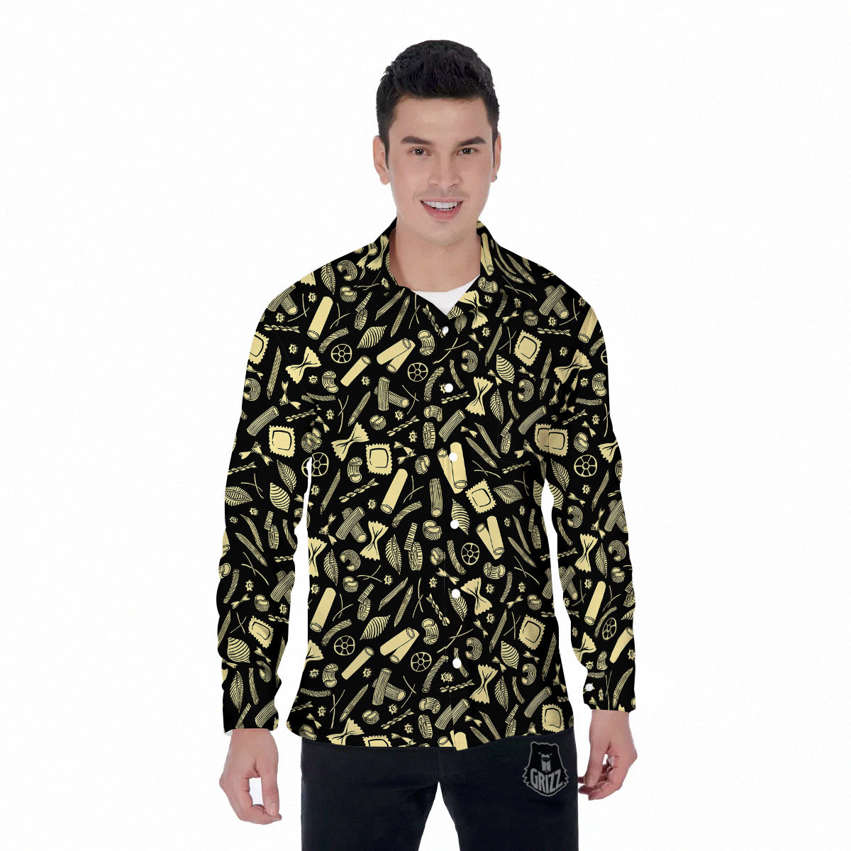 Black And Beige Macaroni Print Pattern Men's Long Sleeve Shirts-grizzshop