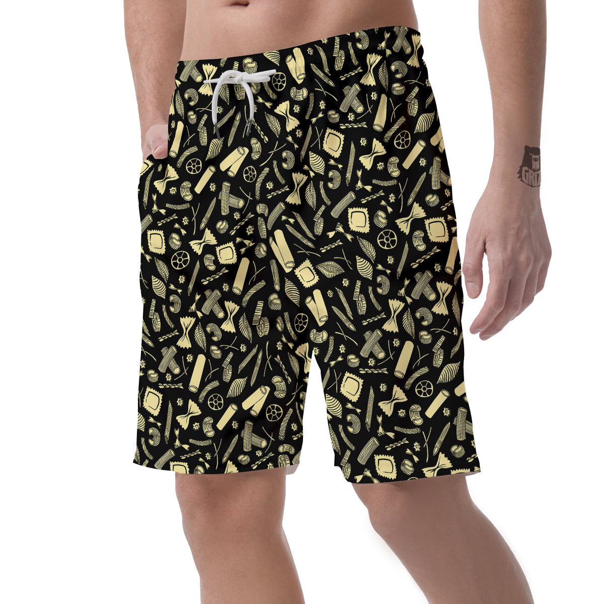 Black And Beige Macaroni Print Pattern Men's Shorts-grizzshop