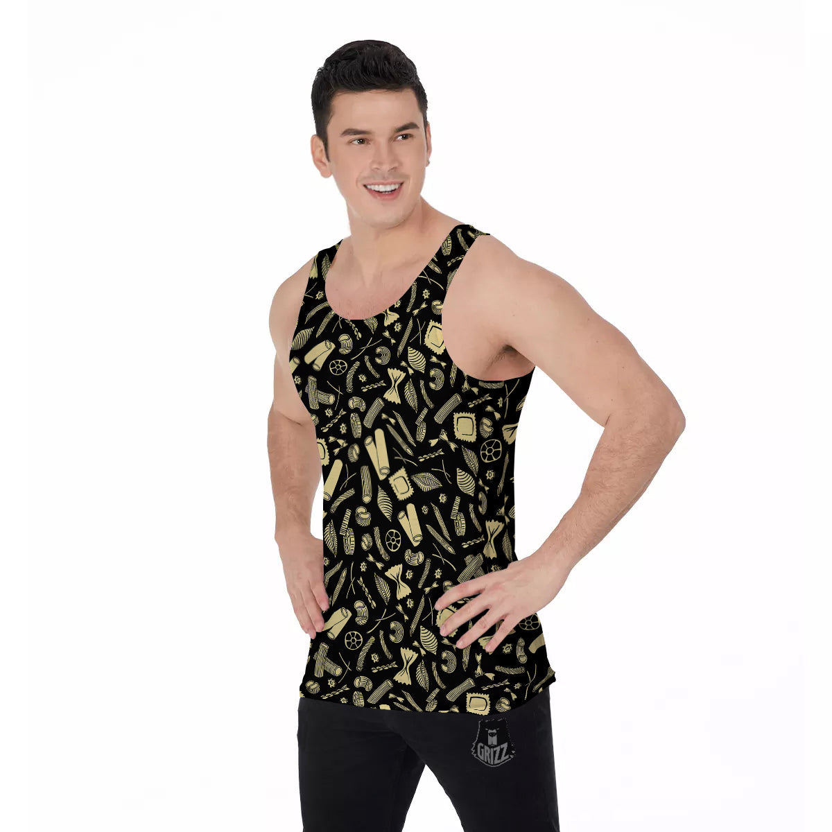 Black And Beige Macaroni Print Pattern Men's Tank Top-grizzshop