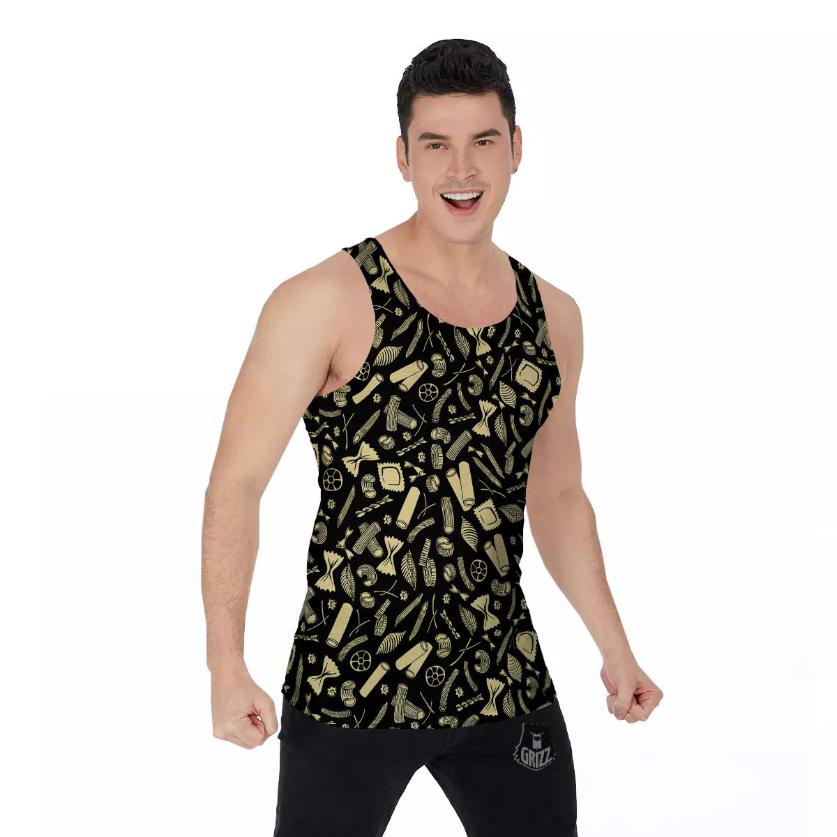Black And Beige Macaroni Print Pattern Men's Tank Top-grizzshop