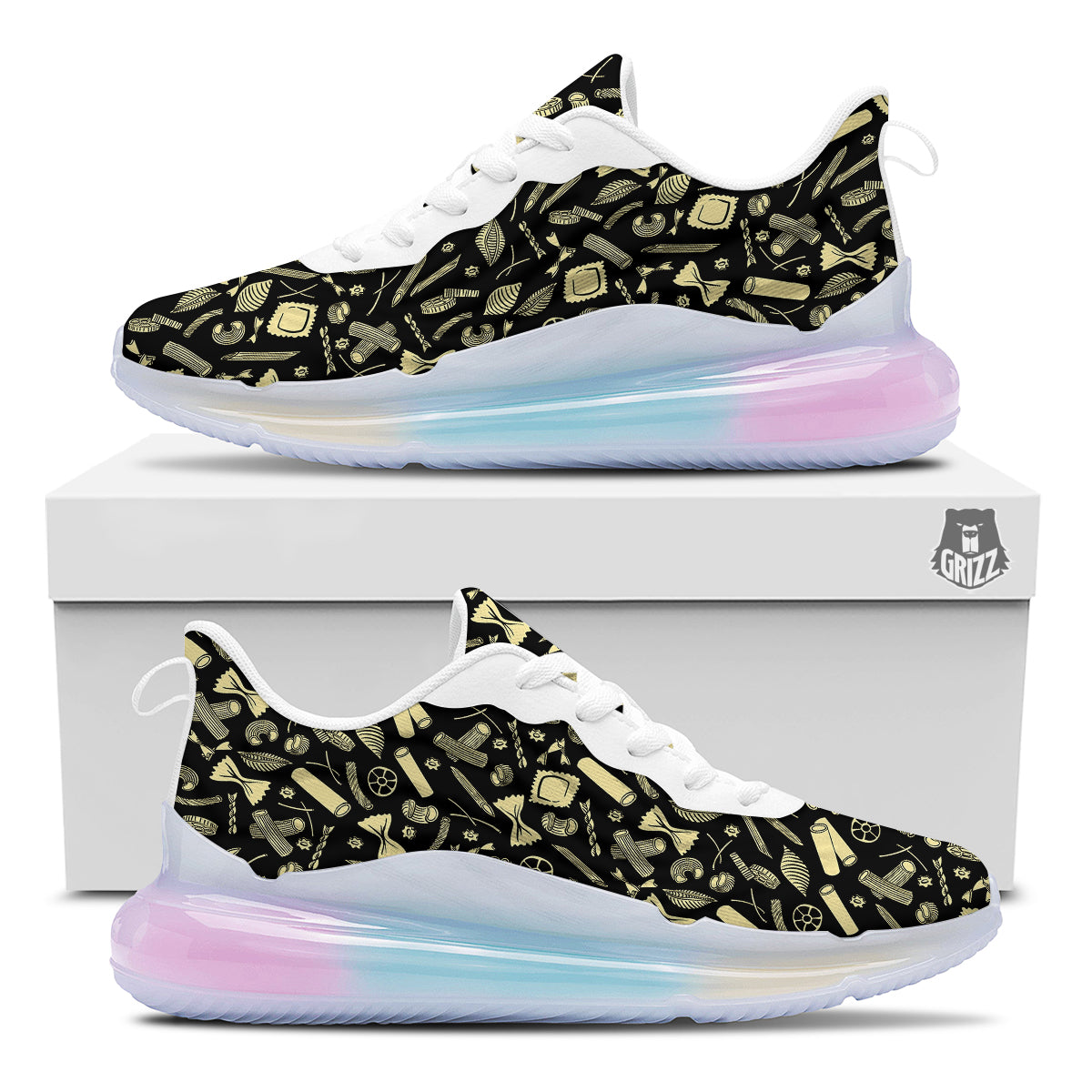 Black And Beige Macaroni Print Pattern Running Sneakers-grizzshop