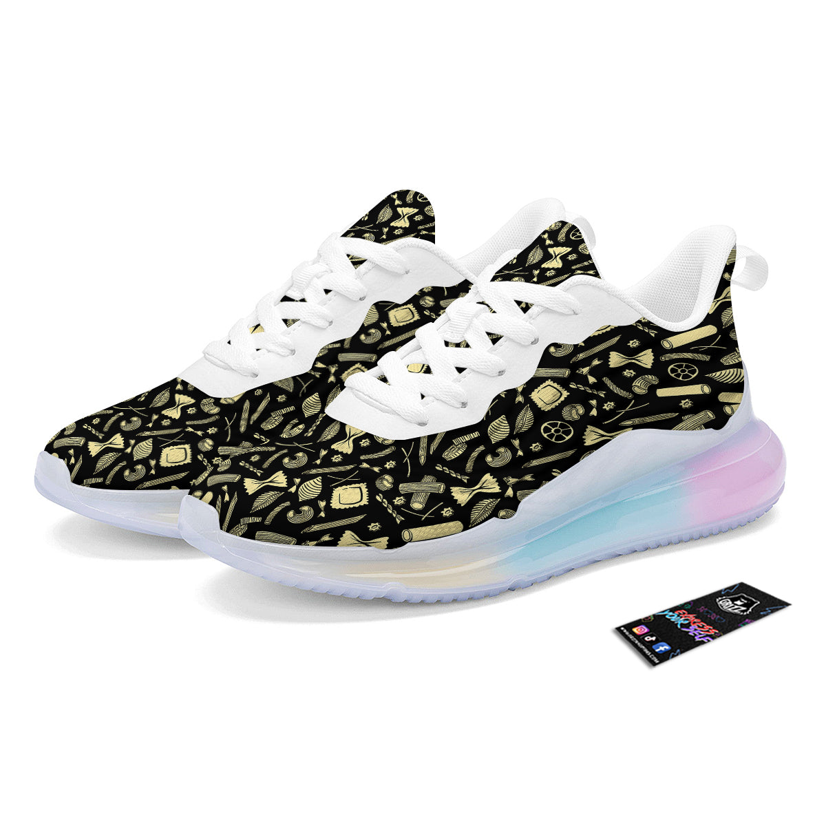 Black And Beige Macaroni Print Pattern Running Sneakers-grizzshop