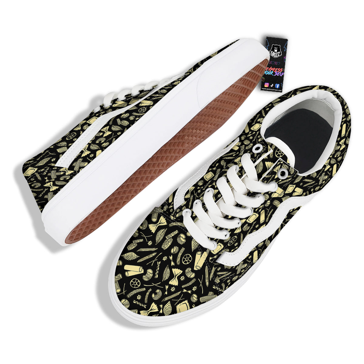 Black And Beige Macaroni Print Pattern Skate Shoes-grizzshop