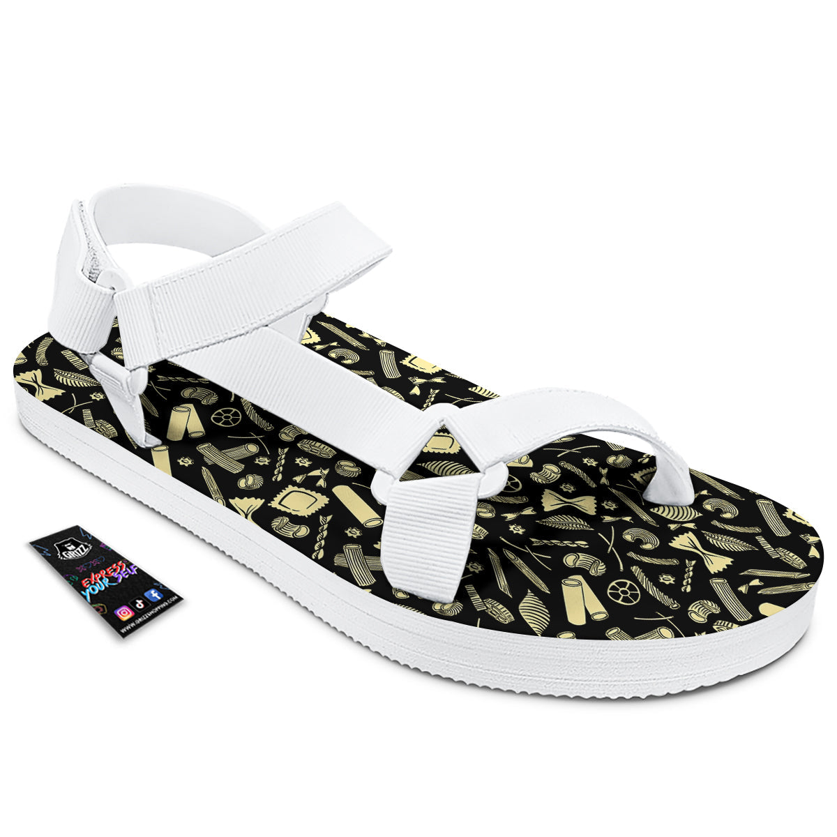 Black And Beige Macaroni Print Pattern White Open Toe Sandals-grizzshop