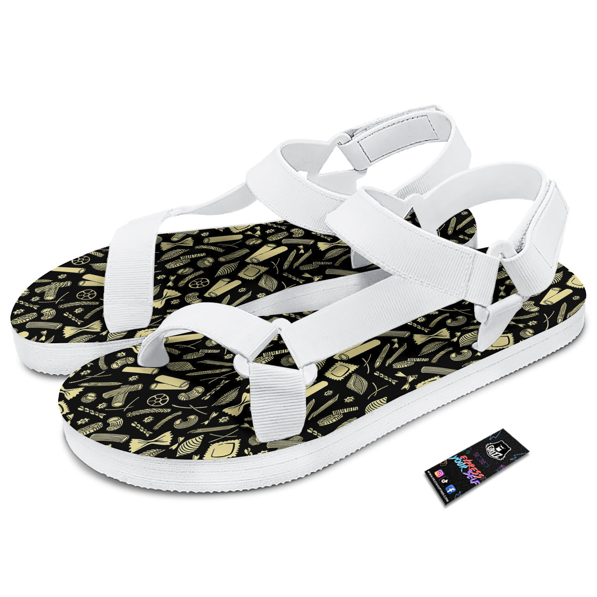 Black And Beige Macaroni Print Pattern White Open Toe Sandals-grizzshop