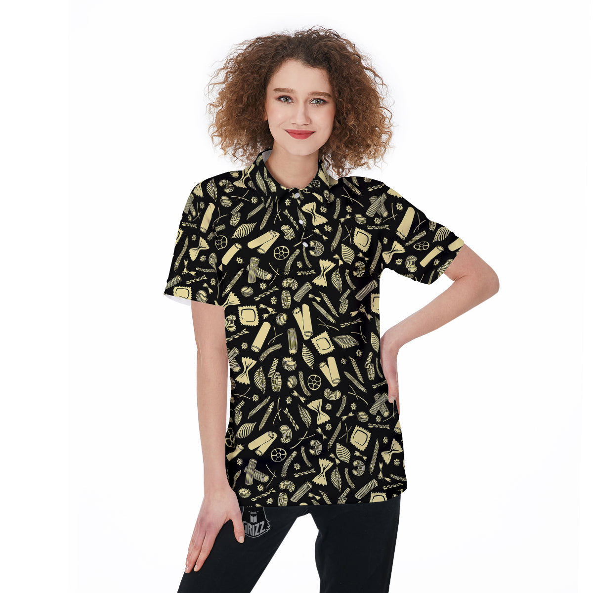 Black And Beige Macaroni Print Pattern Women's Golf Shirts-grizzshop