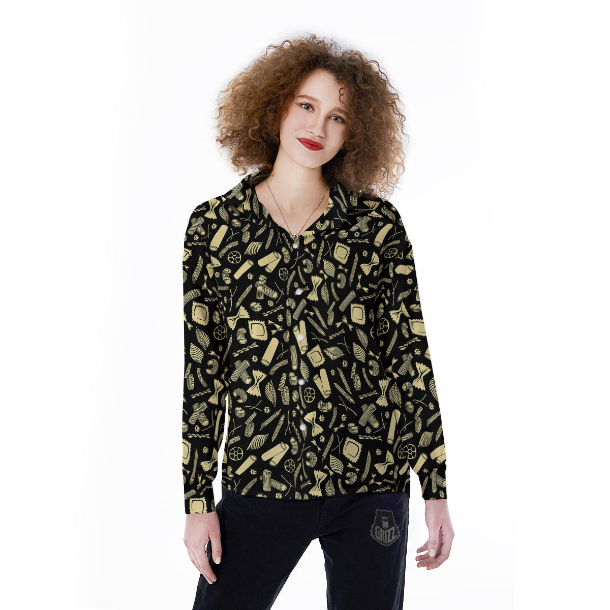 Black And Beige Macaroni Print Pattern Women's Long Sleeve Shirts-grizzshop