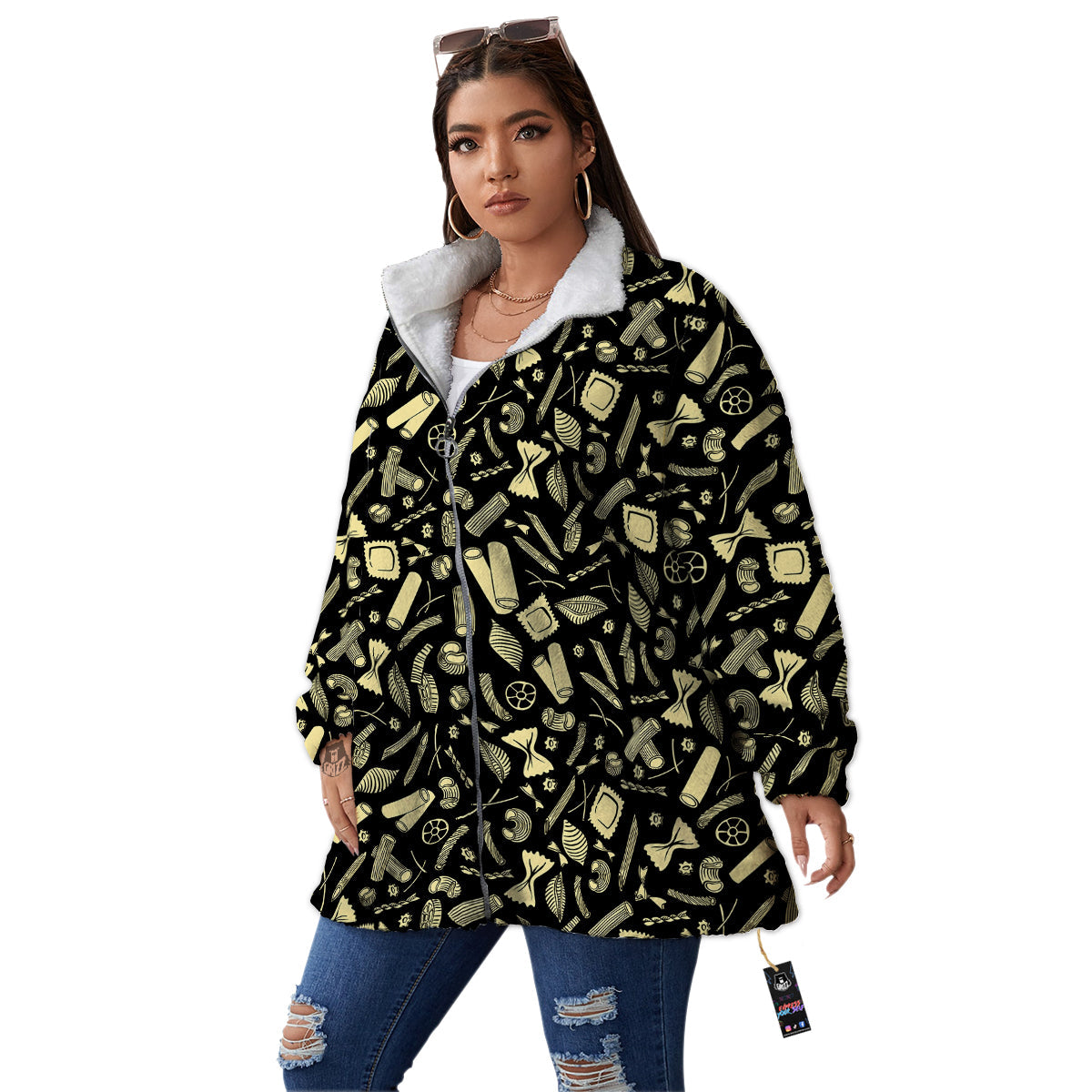 Black And Beige Macaroni Print Pattern Women's Sherpa Jacket-grizzshop