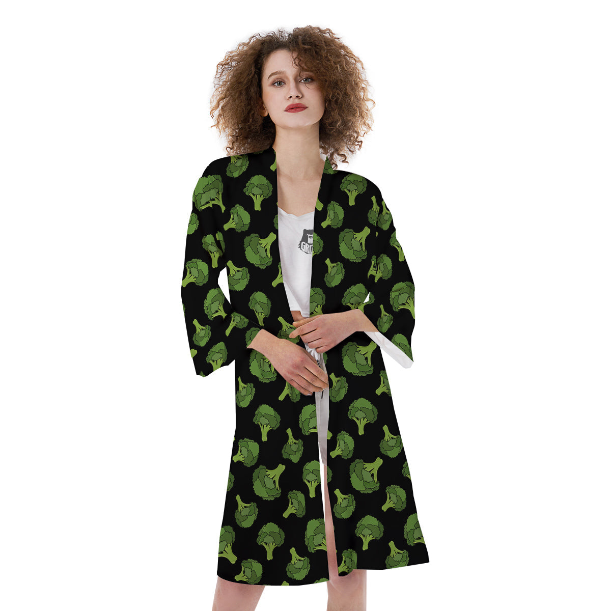 Black And Broccoli Print Pattern Kimono-grizzshop