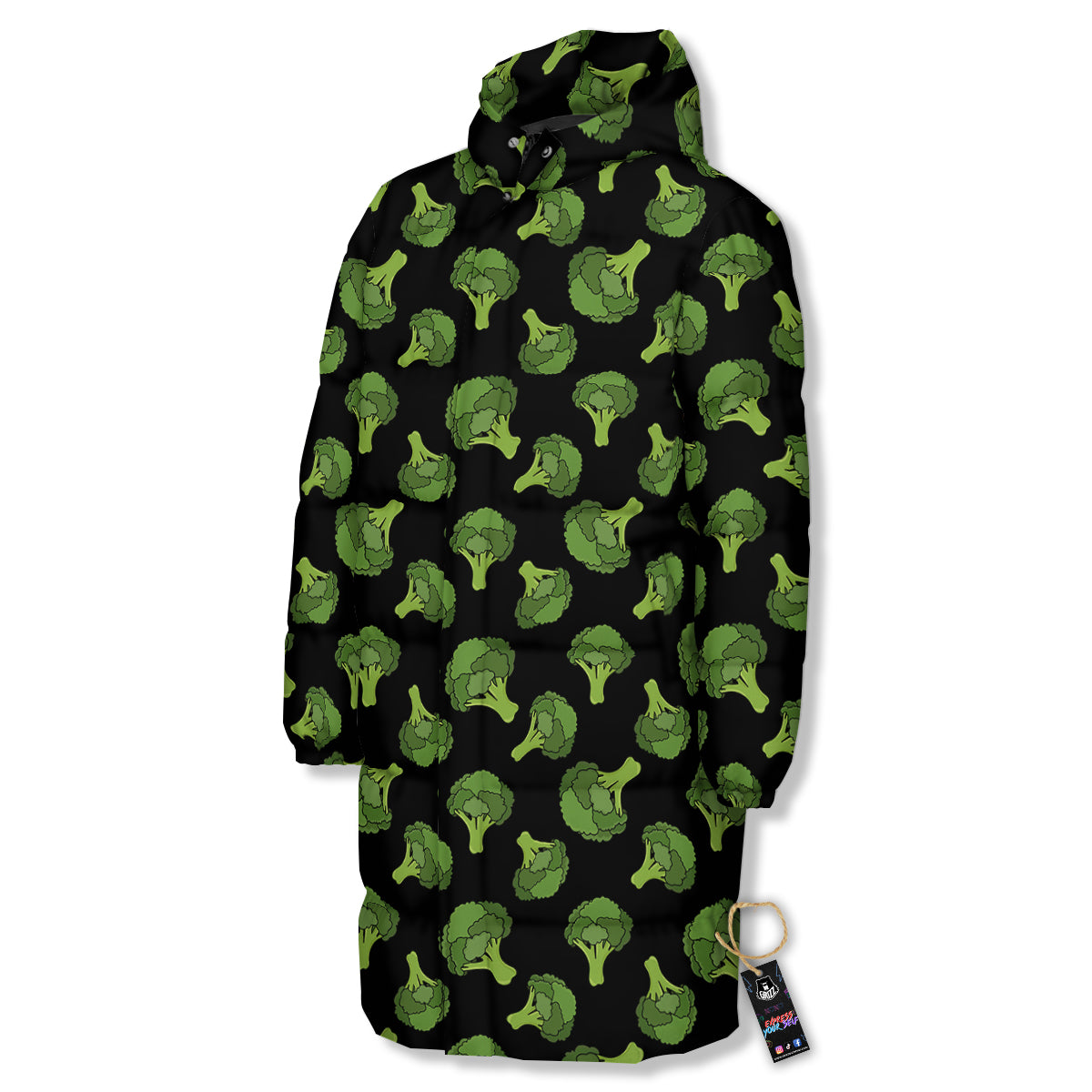 Black And Broccoli Print Pattern Long Down Jacket-grizzshop