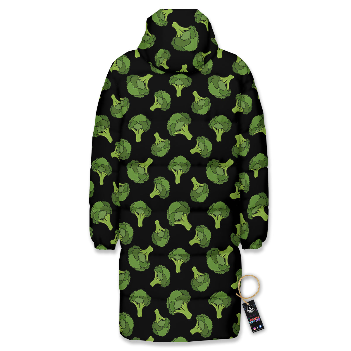 Black And Broccoli Print Pattern Long Down Jacket-grizzshop