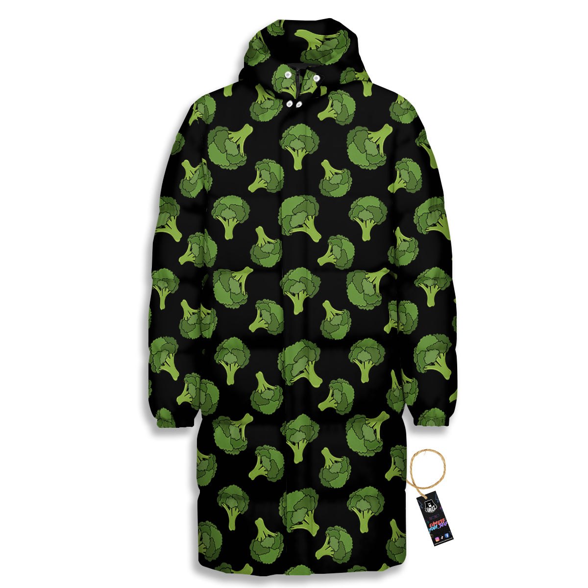Black And Broccoli Print Pattern Long Down Jacket-grizzshop