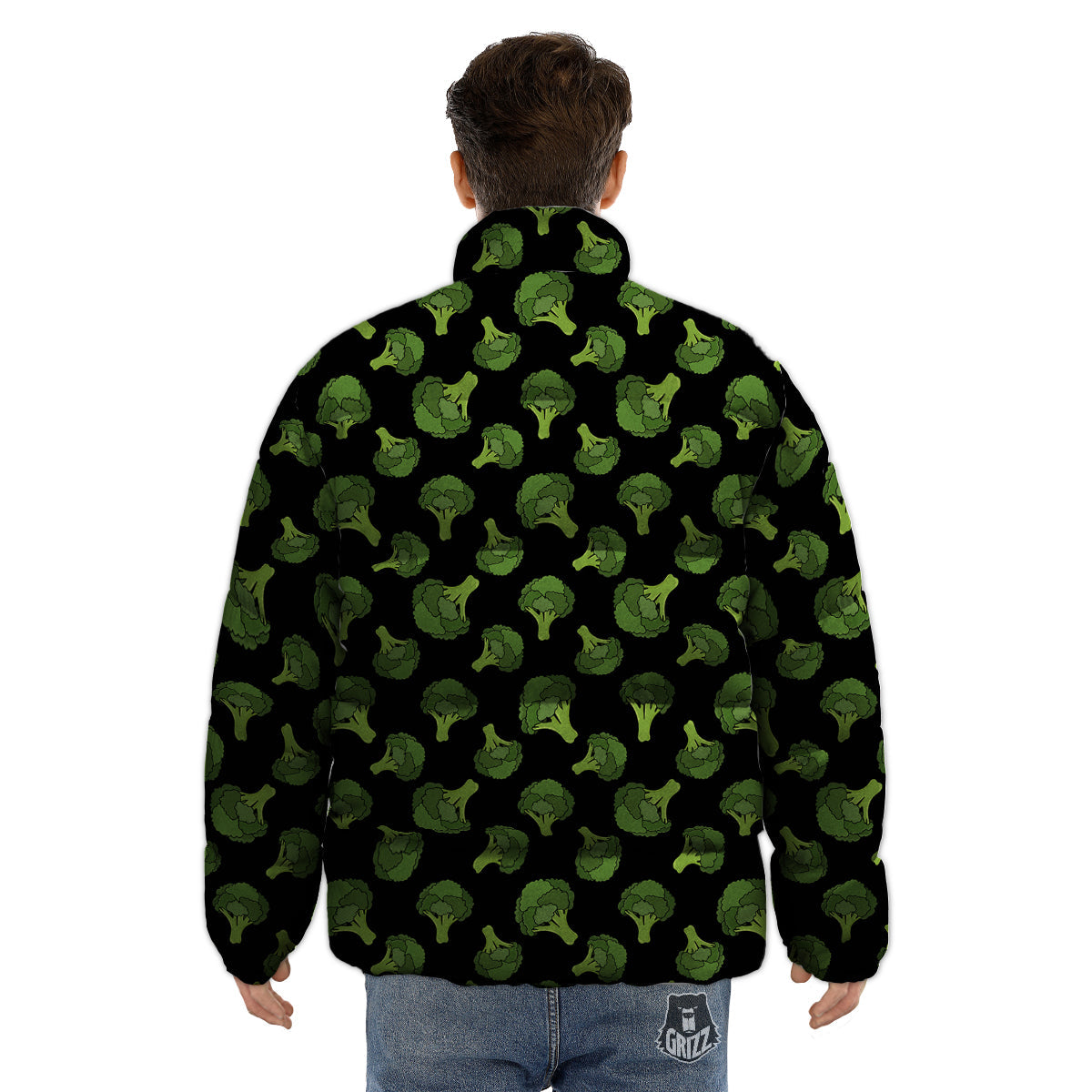 Black And Broccoli Print Pattern Puffer Jacket-grizzshop
