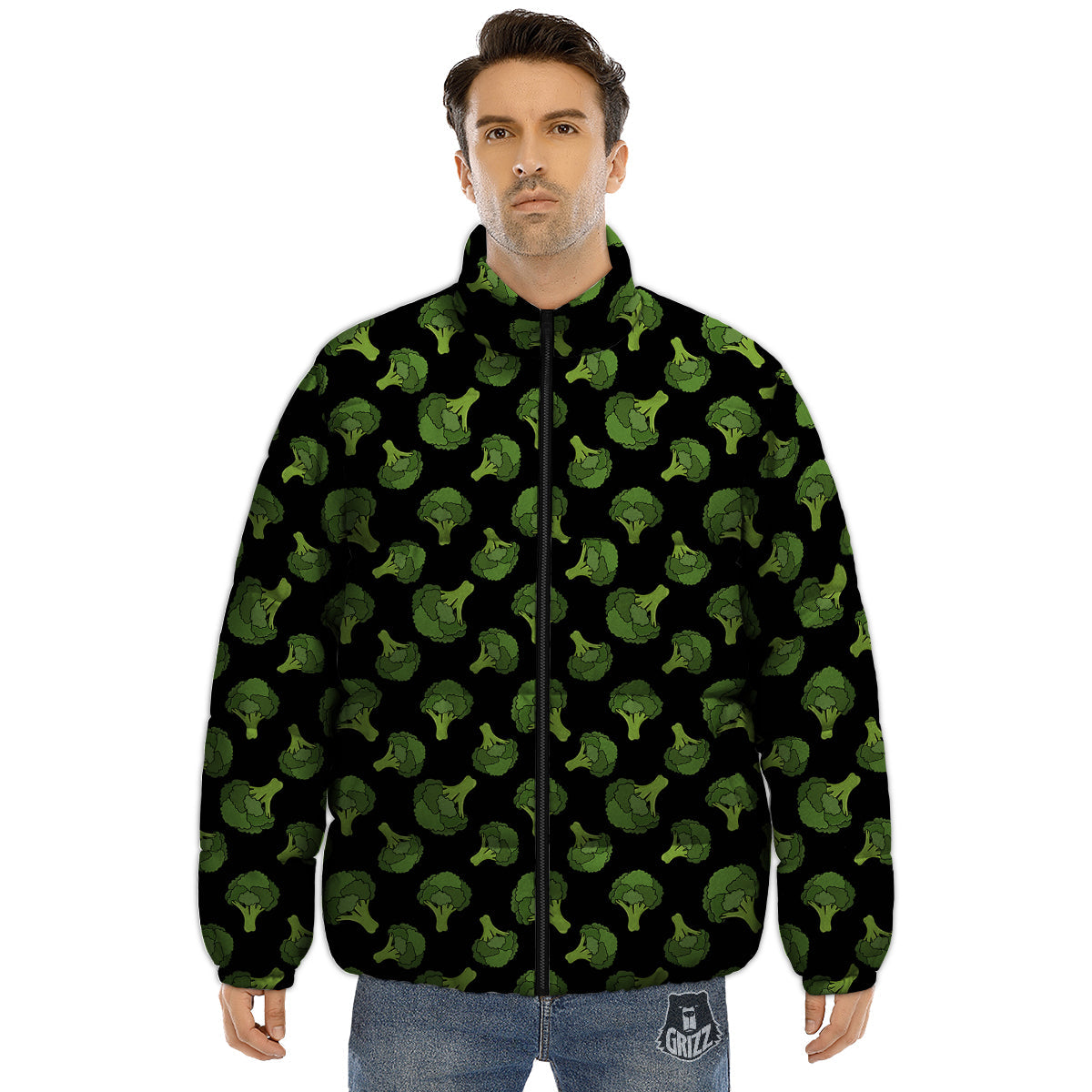 Black And Broccoli Print Pattern Puffer Jacket-grizzshop
