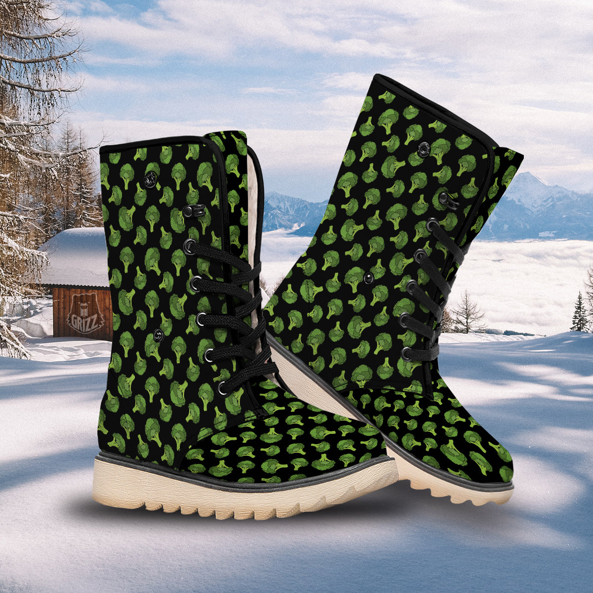 Black And Broccoli Print Pattern Snow Boots-grizzshop