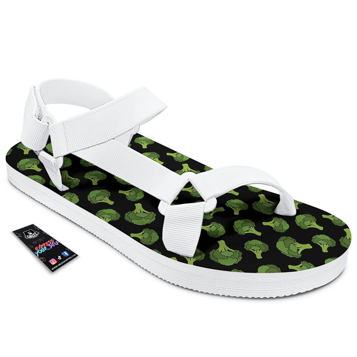Black And Broccoli Print Pattern White Open Toe Sandals-grizzshop