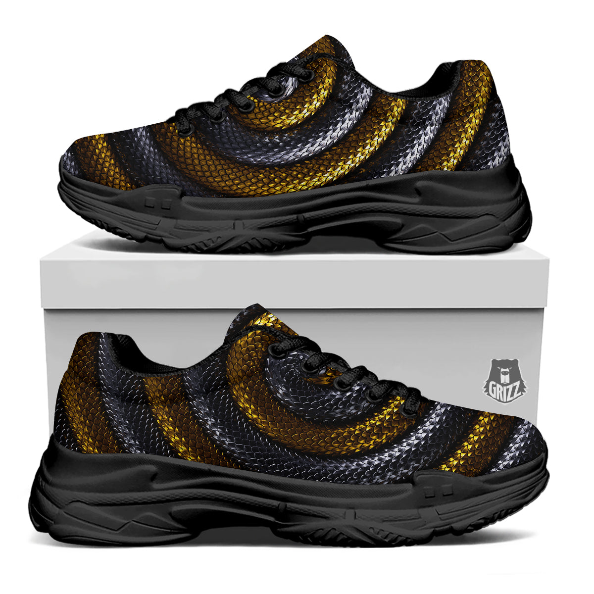 Black And Gold Twisted Snakes Print Black Chunky Shoes-grizzshop