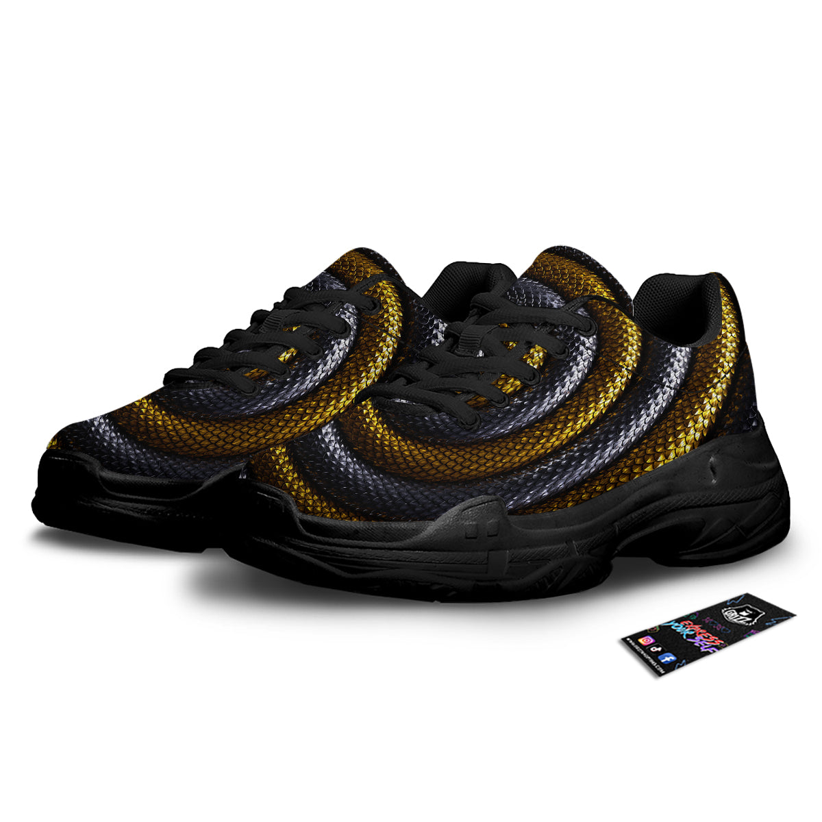 Black And Gold Twisted Snakes Print Black Chunky Shoes-grizzshop