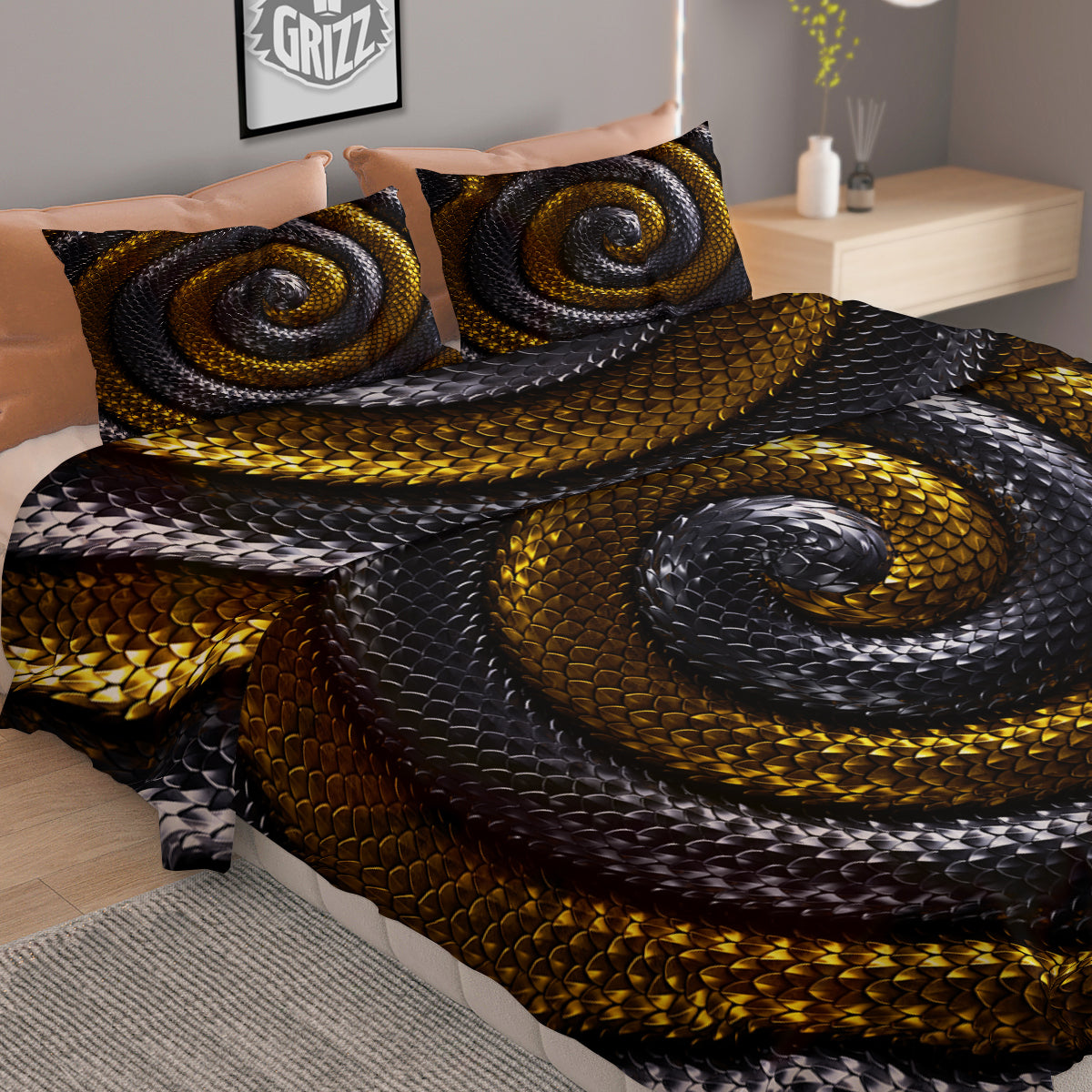Black And Gold Twisted Snakes Print Duvet Cover Bedding Set