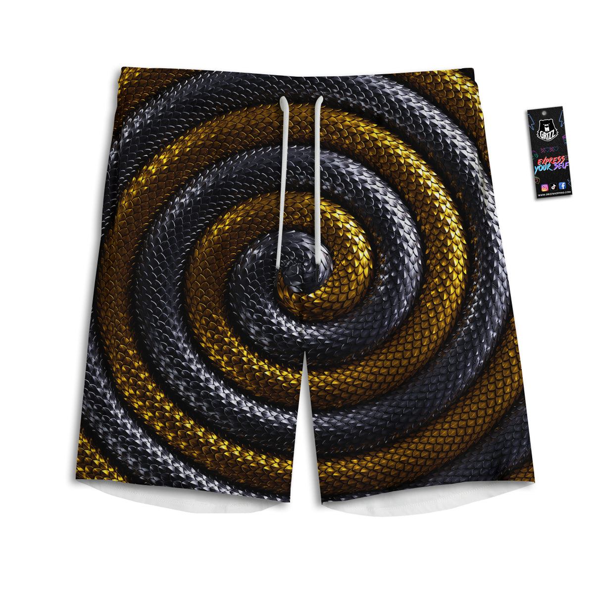 Black And Gold Twisted Snakes Print Men's Athletic Shorts