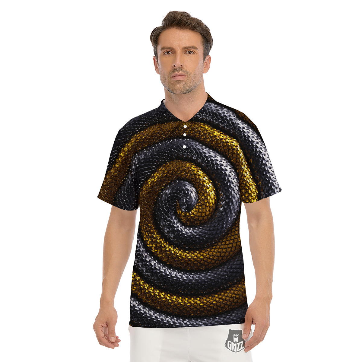 Black And Gold Twisted Snakes Print Men's Golf Shirts – Grizzshopping