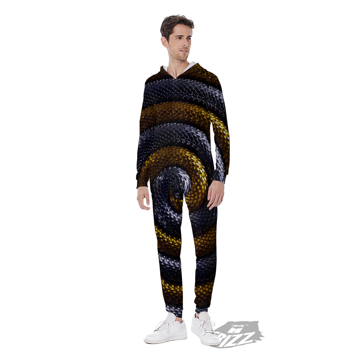 Black And Gold Twisted Snakes Print Men's Jumpsuit-grizzshop